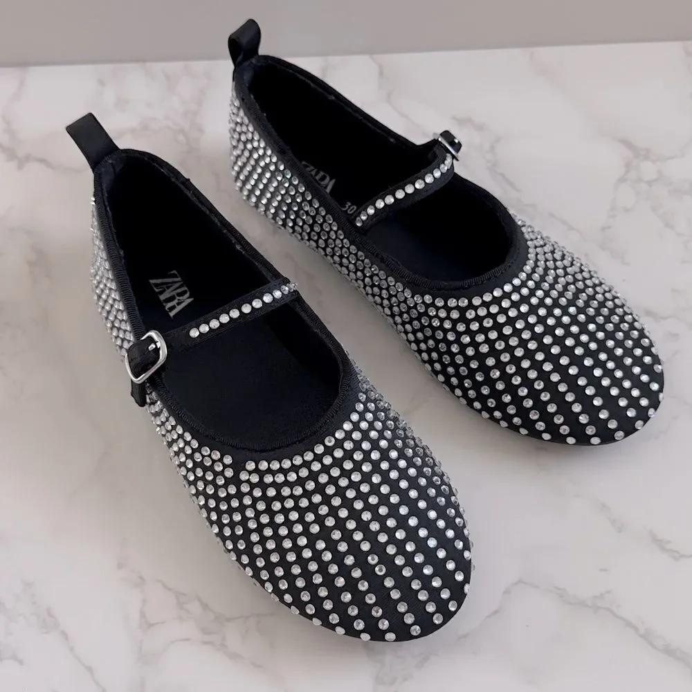 ⭕️ ZARA Girls Kids Black and Silver Studded Shoes Crystals